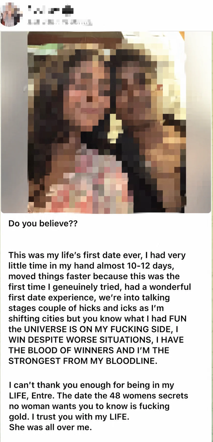 Customer testimonial screenshot about a first date